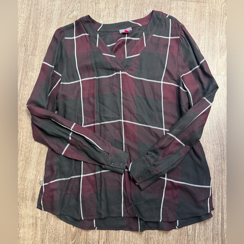 Vince Camuto Women’s Burgundy Black Plaid V-Neck Blouse Long Sleeve Size M